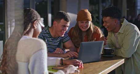 Aufkleber - Happy students, group and laughing with laptop for social media, comedy or humor at outdoor cafe. Diversity, team or young learners with smile on computer for online research, content or browsing
