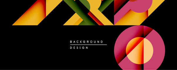 Poster - Abstract geometric shapes overlap on black background. Vivid colors create modern design. Triangles, circles, layers offer dynamic visual experience. Minimalist aesthetic.