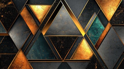 Poster - Abstract 3D geometric layout of textured black triangles outlined in gold