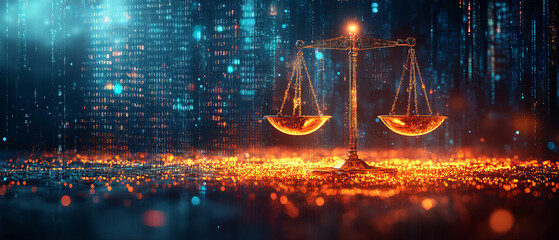 Poster - Futuristic AI controlled economic balance scale illuminated by glowing particles and digital
