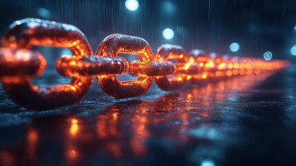 Poster - Glowing chain futuristic setting, illuminated by soft light and rain, evokes sense of strength