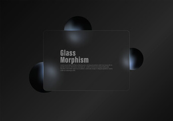 Poster - rectangular matte glass panel and dark 3d spheres. realistic glass morphism effect on a dark backgro
