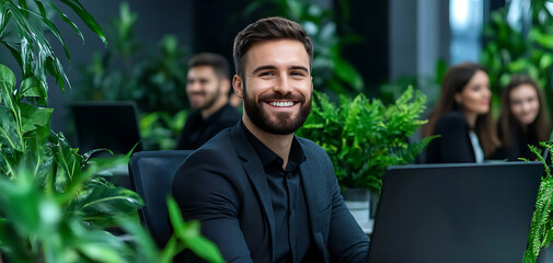 Poster - Professional Man Smiling in a Modern Office Filled With Plants During a Workday