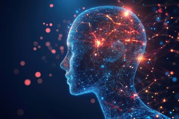 Poster - Digital human profile with red and blue light streams representing data and communication flow