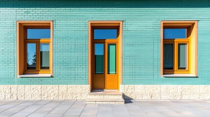 Poster - Colorful blue brick fade under soft daylight sky, open and graphic look