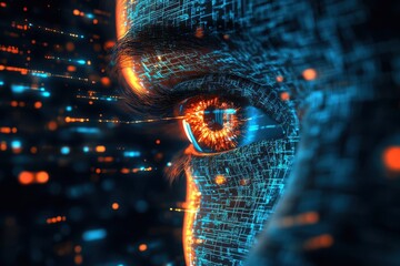 Poster - Close up of a digital human eye with glowing circuitry and abstract light patterns around it