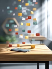 Aufkleber - Smartphone Placed on Wooden Table With Vibrant Notifications Floating Above in a Modern Workspace