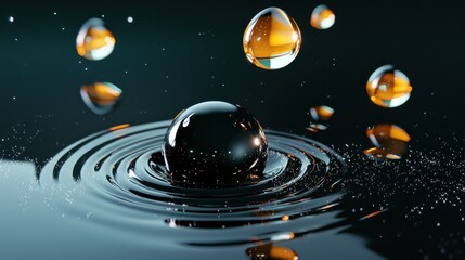 Poster - Droplets falling into glossy black liquid, smooth texture and ripples