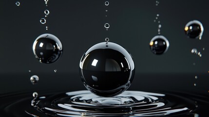 Poster - Droplets falling into glossy black liquid, smooth texture and ripples