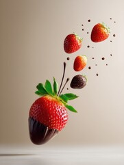 Poster - Chocolate Dipped Strawberry Floating in Mid-Air Surrounded by Smaller Strawberries in High-Key Lighting