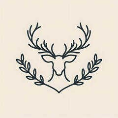 Poster - Elegant deer with antlers and leaves in minimalist style, single line outline  
