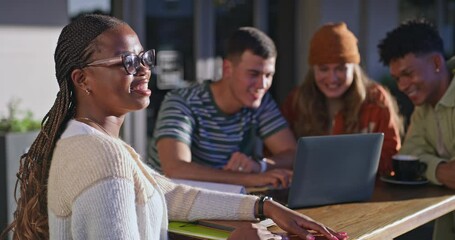 Poster - Group of people, together and chat as friends with laptop phone, bonding or social in conversation on campus. Friends, happy and tech for education, scholarship and learning in college or university