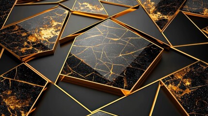 Poster - Futuristic abstract pattern of black textured triangles with golden outlines