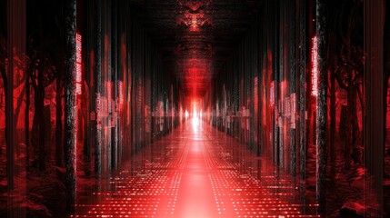 Poster - Futuristic red matrix background with glowing code lines and digital distortion