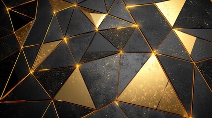 Poster - Golden edged textured black triangles forming modern abstract backdrop