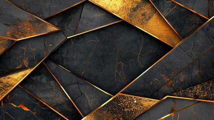 Poster - Golden edged textured black triangles forming modern abstract backdrop