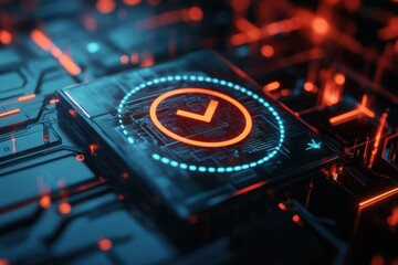 Poster - Orange checkmark on a dark circuit board with blue and orange lights in a futuristic design