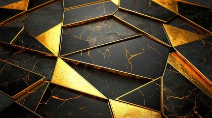 Poster - Golden-lined dark triangular shapes form an abstract premium background