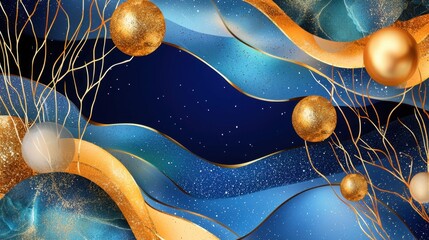 Poster - Luxe background in navy and gold with flowing light effects and dust speckles