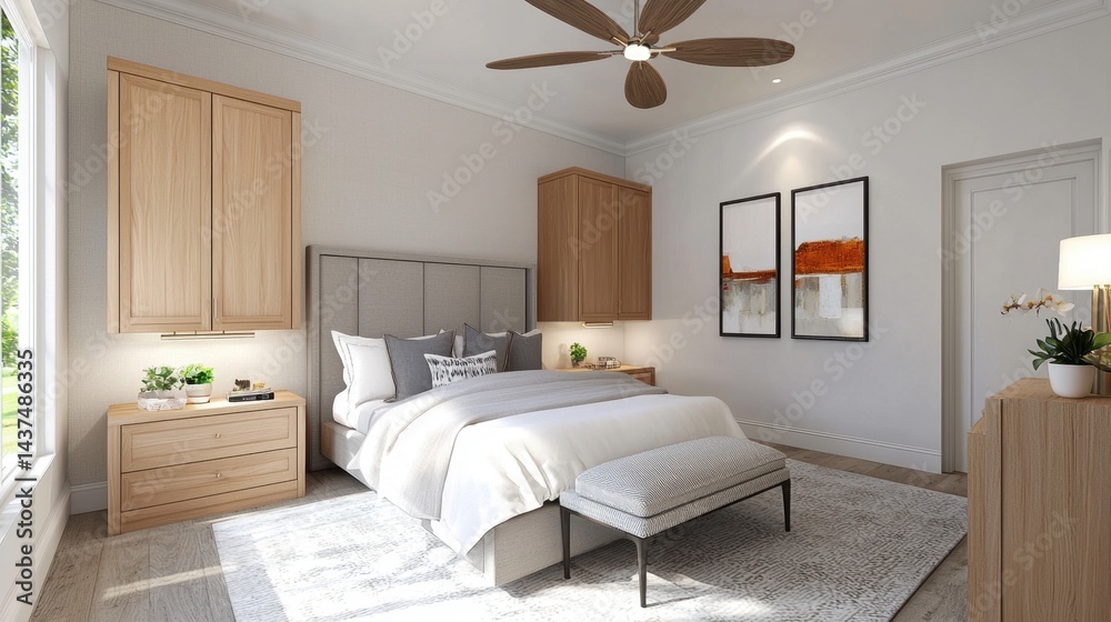 Master retreat with built-in wood cabinets, soft color palette, and ...