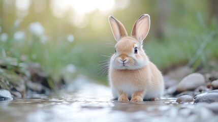 Wall Mural - Adorable Bunny Rabbit by Stream, Soft Focus, High Resolution, Portrait Close-up, White Chest Fur, Peaceful Pose, Green Nature Background, Warm Gentle Hues, Perfect for Pet Adoption Ads