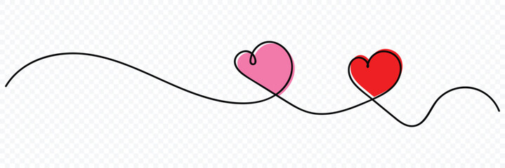 Heart and love sign in continuous one line drawing. Abstract love symbol. Hearts in simple one line style and color shape love signs. Vector illustration.