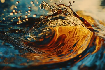 Poster - Close up shot of a dynamic water wave with droplets and vibrant golden and blue color reflections