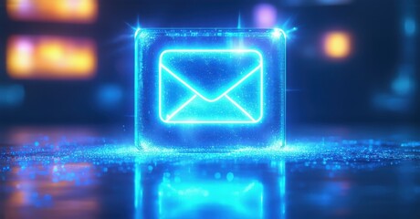Poster - Glowing blue email icon rests upon reflective surface. Bright lights blur background creating futuristic feel. Digital communication concept.