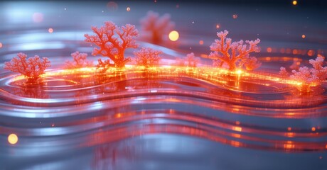 Aufkleber - Abstract coral formations glow amidst rippling water. Warm colors dominate cool blues, creating surreal scene. Light reflects, refracts beautifully.