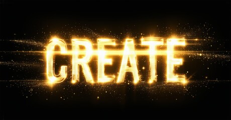 Fototapete - Golden text spells CREATE against dark background. Sparkles enhance visual impact, suggesting innovation, design, inspiration.