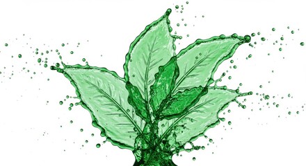 Poster - A vibrant green liquid splash forming leaf shapes against a stark white background in a studio shot