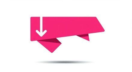 Fototapete - A pink banner with a white arrow pointing down on a white background with a shadow below it