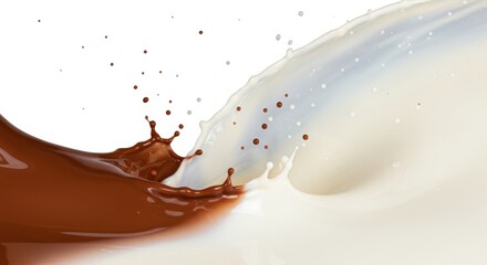 Poster - A dynamic splash of chocolate and milk colliding in a visually striking composition on white background