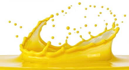 Poster - Close up of a vibrant yellow liquid splash with droplets against a white background in studio shot