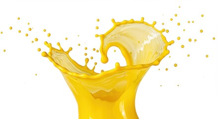 Poster - A vibrant yellow liquid splash suspended in mid air against a stark white background in a studio shot