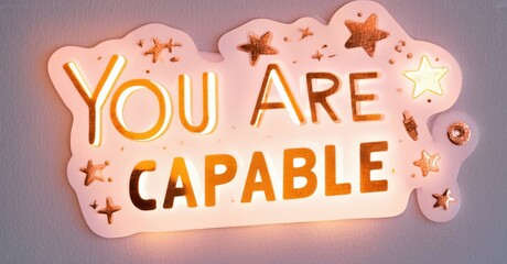 Aufkleber - Golden lettering spells You Are Capable on frosted cloud shape. Stars, sparkles decorate background. Positive affirmation, inspiring message.