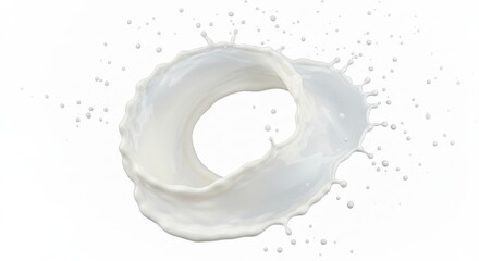 Poster - Close up of a splash of milk creating a ring shape on a white background with droplets scattered around