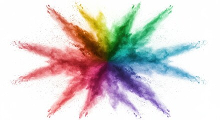 Poster - A vibrant burst of colorful powder exploding outwards on a clean white background in a star shape
