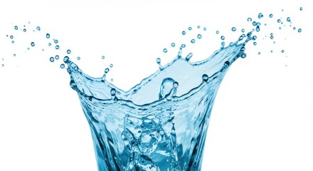 Poster - A vibrant blue water splash with droplets suspended in the air against a stark white background