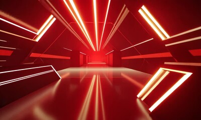 Poster - Captivating Red Corridor Illusion: A Mesmerizing Visual Journey through Abstract Geometric Shapes and Vibrant Neon Lights, Rendering Bold Artistic Impression