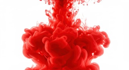 Poster - Red ink swirling and dispersing in clear water creating a vibrant abstract cloud formation of color