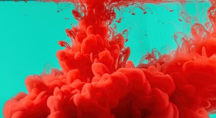 Poster - Red ink swirling in water against a vibrant turquoise background creating abstract shapes and patterns