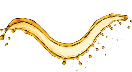 Poster - A dynamic wave of golden liquid splashing across a clean white background with droplets and motion