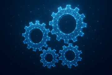 Poster - Gears of Innovation: An artistic representation of interconnected gears, rendered in a digital, futuristic style, symbolizing the mechanics of progress and technological synergy. 