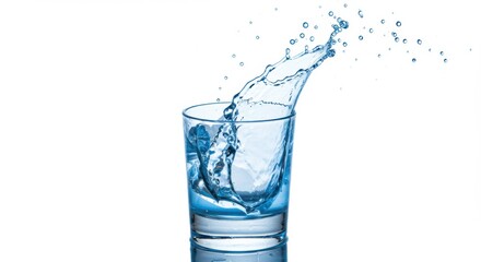 Poster - Clear glass filled with splashing water against a bright white studio background scene showing droplets