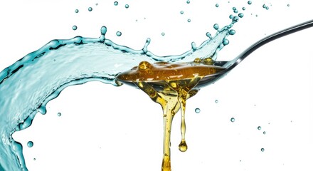 Poster - A spoon holding honey with water splashing against it on a white isolated background view close up