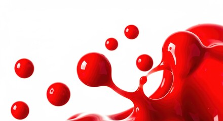 Poster - Close up of red paint splashing and forming droplets against a white studio background art design