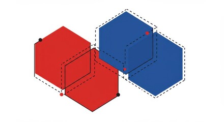 Poster - Two interlocking cubes one red and one blue with dashed line outlines on a white background color