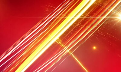 Poster - Dynamic streaks of vibrant light on a gradient of crimson, evoking a sense of movement and energy suitable for abstract compositions