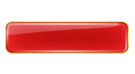 Poster - A glossy red rectangular button with rounded corners and a gold border on a white background